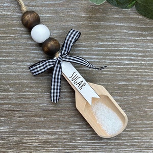 Farmhouse  Sugar Scoop, Sugar Canister Scoop, Rae Dunn Sugar Canister, Canister Decor, Tier Tray Decor, Wood Bead Garland Scoop