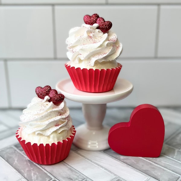 Fake Red Valentine’s Day Cupcakes, Valentine’s Cupcakes, Fake Dessert, Fake Cupcakes, Valentine’s Decor, Valentine’s Day Tier Tray Decor