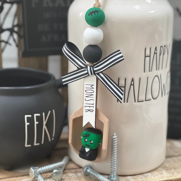 Frankenstein Halloween Spooky Wood Bead Garland Canister Scoop | Rae Dunn Decor