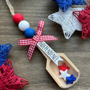 Fourth of July Canister Decor,  Independence Day, Stars and Stripes Wood Bead Garland Scoop, Rae Dunn Tier Tray Decor