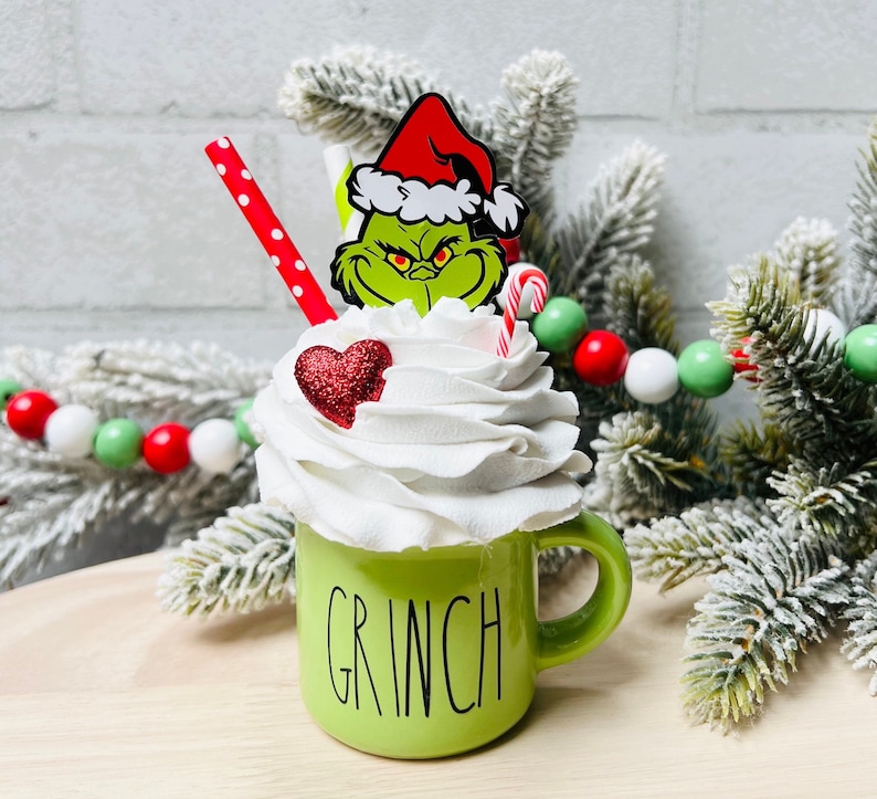 Christmas Decor, Grinch Decor, Faux Whipped Mug, Peppermint Candy Cane