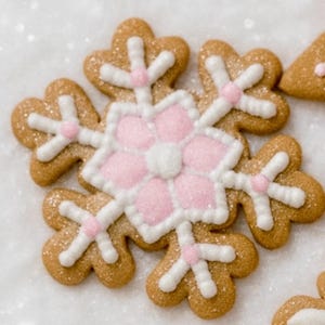 May include: A snowflake-shaped gingerbread cookie with white and pink icing details. The cookie has a light brown color with a dusting of edible glitter. The snowflake design features a pink flower center and white accents.