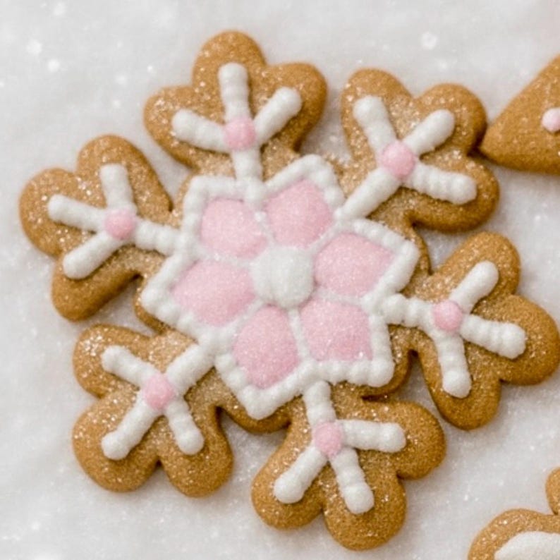May include: A snowflake-shaped gingerbread cookie with white and pink icing details. The cookie has a light brown color with a dusting of edible glitter. The snowflake design features a pink flower center and white accents.
