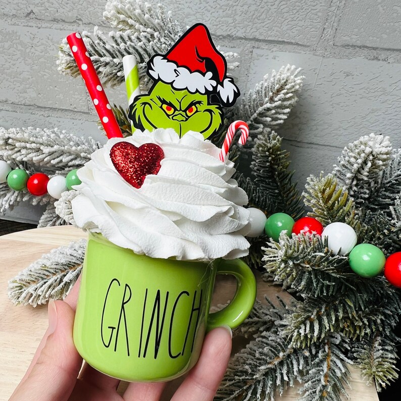Christmas Decor, Grinch Decor, Faux Whipped Mug, Peppermint Candy Cane