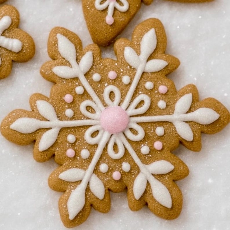 May include: A snowflake-shaped gingerbread cookie with white icing details and pink accents. The cookie has a light brown color and is decorated with white leaf-like shapes and small pink dots. The center of the snowflake has a pink ball.