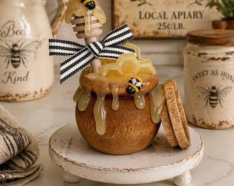 Mini Honey Pot Decor with Bee, Faux Honey Jar, Tiered Tray Decor, Bee Kitchen Decor, Farmhouse Honey Pot, Summer Tray Styling