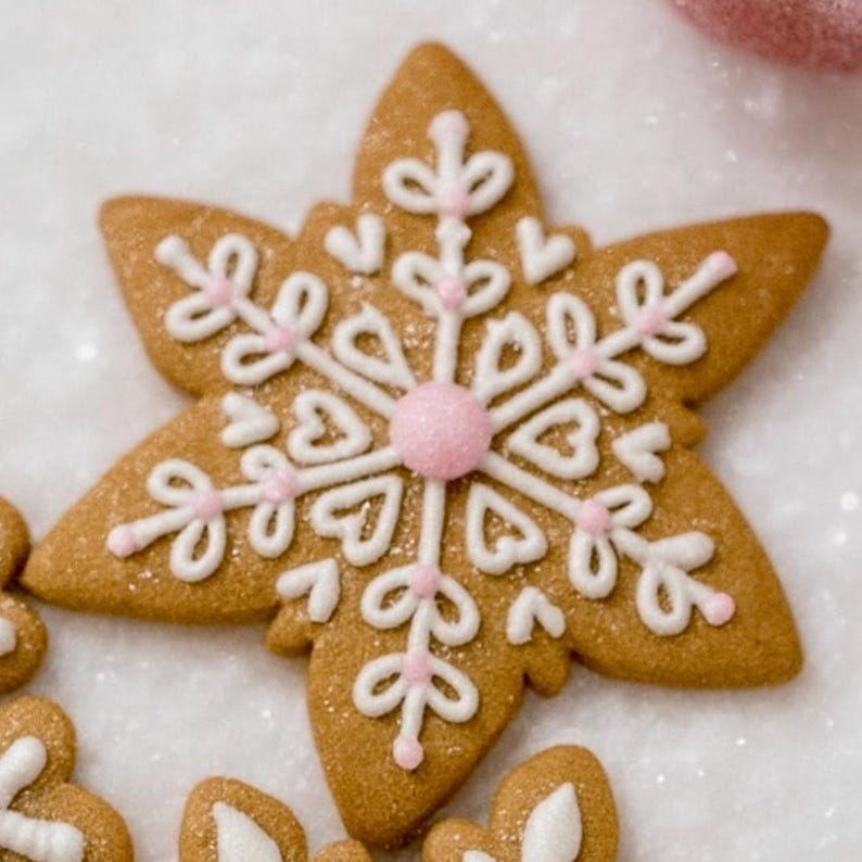 May include: A star-shaped gingerbread cookie decorated with white icing and pink accents. The cookie features a snowflake design with a pink center and delicate details. The baked treat is a festive holiday decoration.