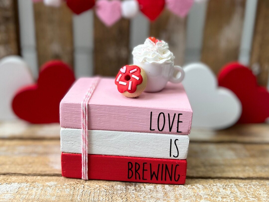 Valentines Day Book Stack, Love is Brewing, Donut With Hearts, Faux