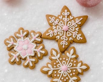 Whimsical Pink Snowflake Gingerbread Cookies,  Christmas Faux Cookies,Holiday Decor Props, Pastel Christmas Ornaments, Winter Display