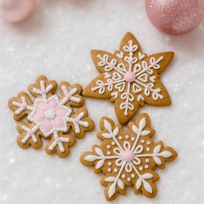 May include: Three gingerbread snowflake cookies with white and pink icing details. The cookies are brown and decorated with intricate patterns. Two pink Christmas ornaments are in the background, creating a festive holiday scene.