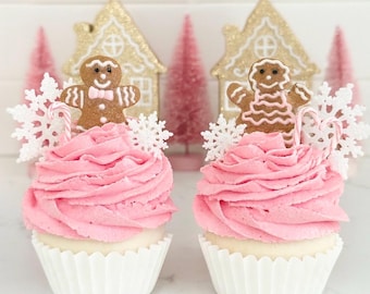 Pink Gingerbread Christmas Cupcakes, Fake Holiday Cupcake Decor for Kitchen, Candyland Christmas, Pastel Winter Decorations, Whimsical Decor