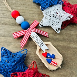 Fourth of July Canister Decor,  Independence Day, Fireworks, Stars and Stripes Wood Bead Garland Scoop, Rae Dunn Tier Tray Decor