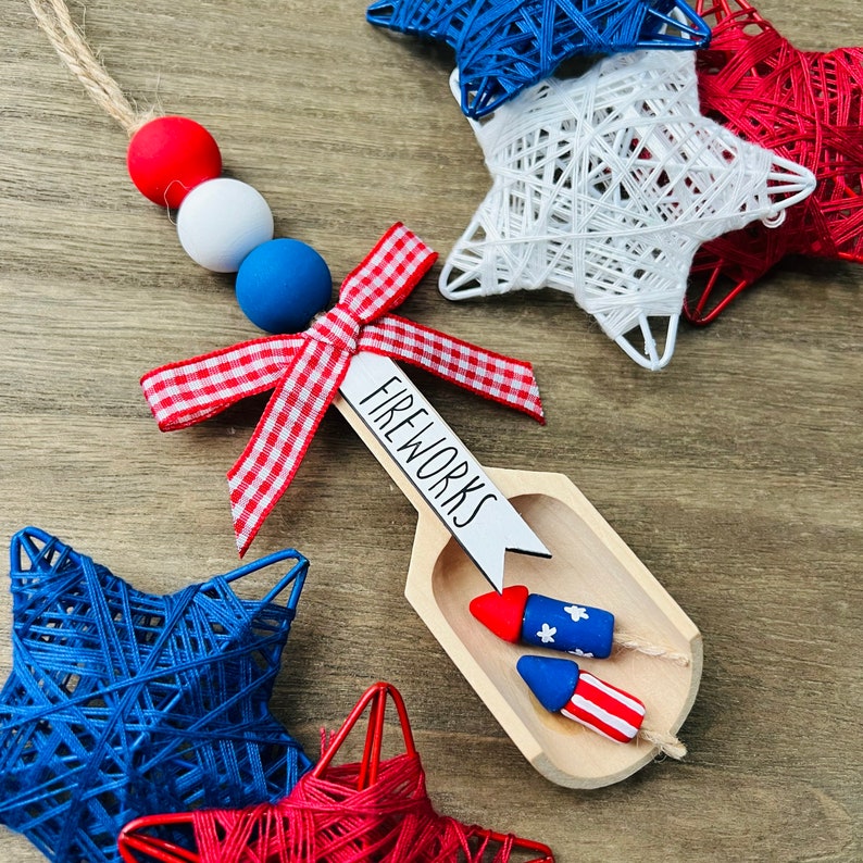Fourth of July Canister Decor, Independence Day, Fireworks, Stars and Stripes Wood Bead Garland Scoop, Rae Dunn Tier Tray Decor image 1