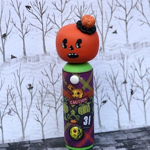 Surprised Jack O’ Lantern, Mixed Media Halloween Pumpkin Kokeshi Peg Doll