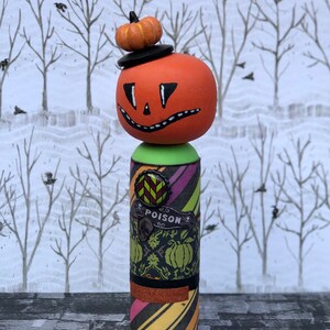 Wicked Jack O’ Lantern, Mixed Media Halloween Pumpkin Kokeshi Peg Doll