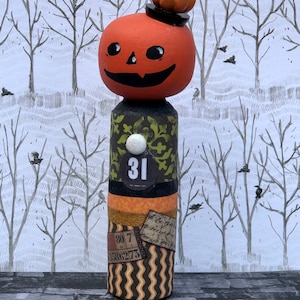 Happy Jack O’ Lantern Mixed Media Halloween Pumpkin Kokeshi Peg Doll