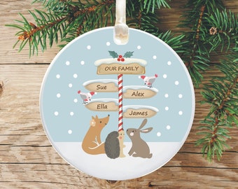 Personalised Our Family Christmas Tree Decoration - Signpost Ceramic Keepsake Holiday Ornament - Woodland Animals Design