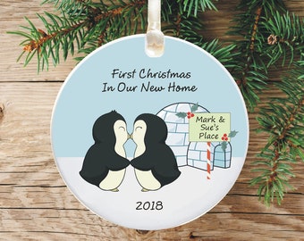 First Christmas In New Home - Personalised Holiday Ornament - Ceramic Keepsake Xmas Decoration - Penguin Design