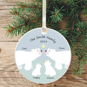 Personalised Family Polar Bear Christmas Tree Decoration -  Ceramic Keepsake Holiday Ornament - Personalised with names (upto 3 children)