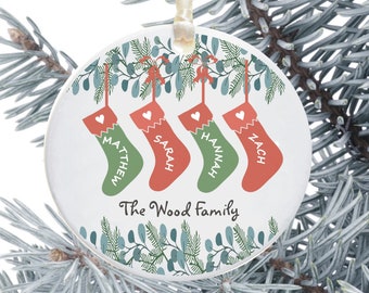 Personalised Family Stocking Christmas Tree Decoration -  Ceramic Keepsake Holiday Ornament - Personalised with Family names
