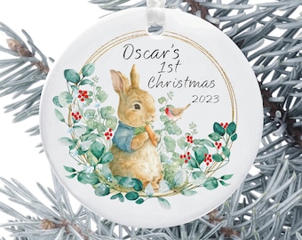 Baby's 1st Christmas Personalised Bunny Tree Decoration - New Baby Holiday Keepsake Ornament - Ceramic Keepsake Xmas Decoration