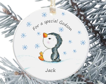 Godson Ceramic Christmas Tree Decoration - Personalised Godchild Holiday Ornament - Ceramic Keepsake Xmas Decoration - Penguin Design