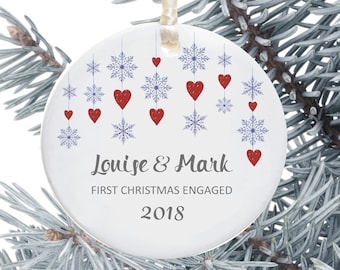 Christmas Tree Decoration - First Christmas Engaged - Personalised Holiday Ornament - Ceramic Keepsake - Snowflake and heart Design