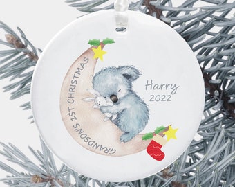 Grandson's First Christmas Tree Decoration - Cute Koala Personalised Holiday Ornament - Ceramic Keepsake Xmas Bauble