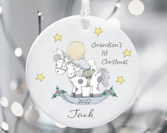 Grandson's First Christmas Ceramic Tree Bauble Decoration - Cute Personalised Holiday Ornament - Ceramic Keepsake Xmas Decoration