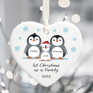 First Christmas as a Family New Parents Heart Tree Decoration Bauble - Personalised New Mummy & Daddy Ceramic Keepsake Holiday Ornament