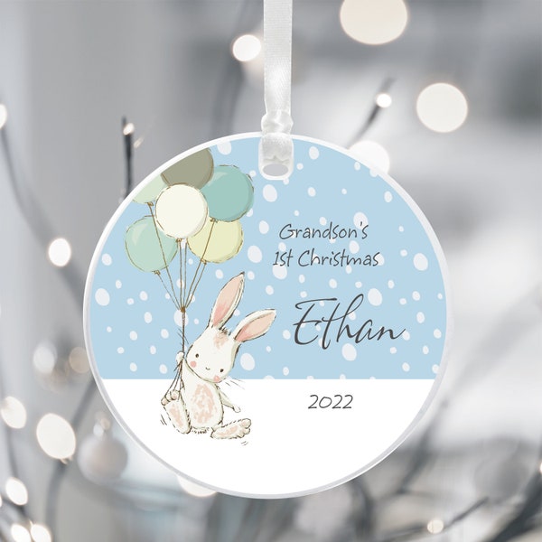 Grandson's First Christmas Ceramic Circle Tree Decoration - Cute Bunny Personalised Holiday Ornament - Ceramic Keepsake Xmas Decoration