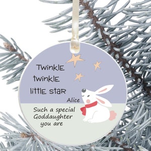 Goddaughter Christmas Tree Decoration - Personalised Holiday Ornament - Ceramic Keepsake Xmas Decoration - Bunny Design