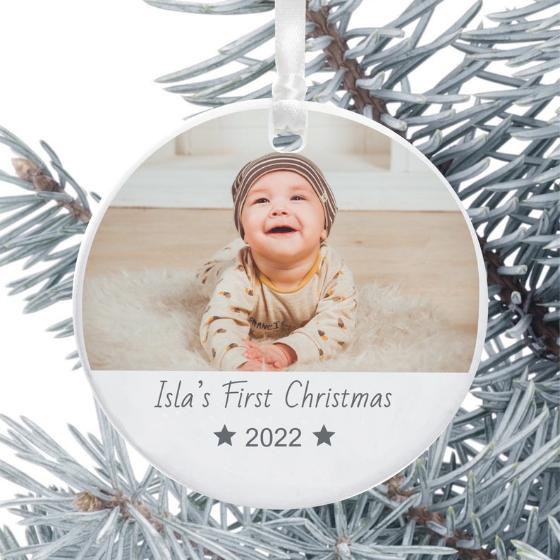 Baby's First Christmas Photo Tree Decoration - Personalised Photo Holiday Ornament - Ceramic Photo Keepsake Xmas Decoration 