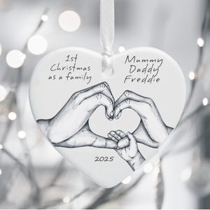 First Christmas as a Family New Parents Heart Tree Decoration Bauble, Personalised Baby&#39;s first Christmas Ceramic Keepsake Holiday Ornament