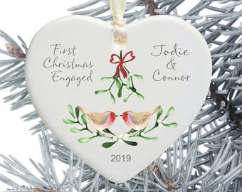 1st Christmas Engaged Ceramic Tree Decoration - Personalised Holiday Ornament - Mistletoe wreath heart with Robins Ceramic Keepsake