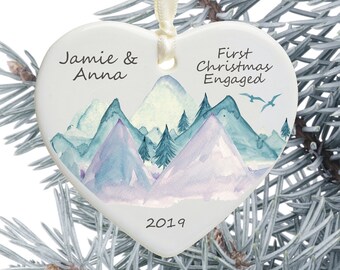 First Christmas Engaged Tree Decoration - Mountain Scene Personalised Holiday Ornament - Ceramic Keepsake Xmas Decoration