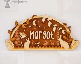 Personalised Wooden Floral Hare Name Door Plaque, Woodland Theme Childrens Bedroom Door Sign, Kids Nursery Sign, Rabbit Name Sign