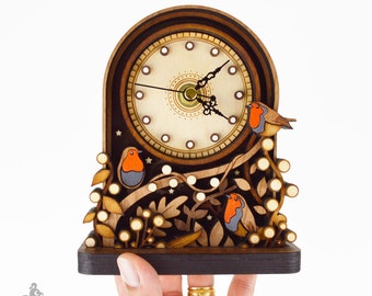 Robin Small Mantel Clock, British Birds Clock, Robins Wooden Clock, Small Garden Bird Clock