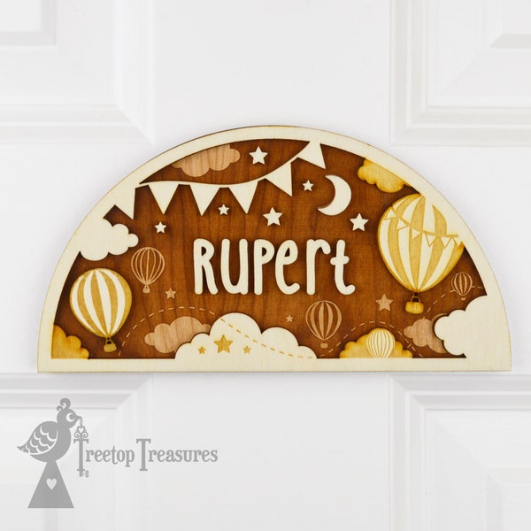 Personalised Hot Air Balloon Wooden Name Door Plaque, Clouds Nursery Decor