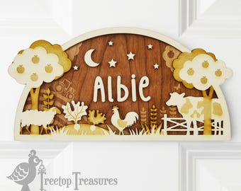 Personalised Farm Animals Wooden Name Door Plaque, Farm Nursery Decor