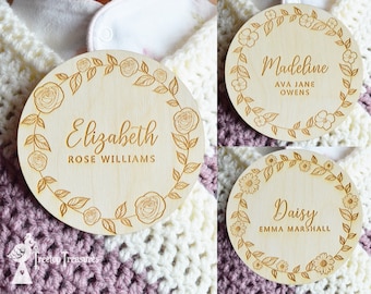 Personalised Floral Baby Announcement Disc: Engraved Birch Wood Photo Prop