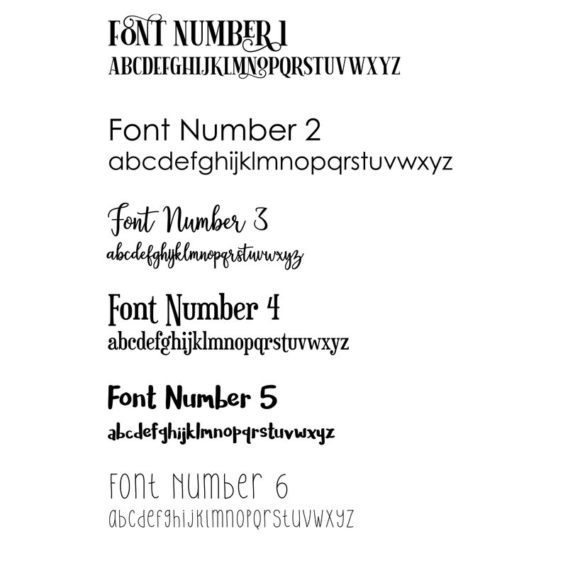 K&ouml;nnte beinhalten: Auf wei&szlig;em Hintergrund werden sechs verschiedene Schriftarten gezeigt. Jede Schriftart ist nummeriert und enth&auml;lt das Alphabet in Gro&szlig;- und Kleinbuchstaben. Die Schriftarten variieren von eleganten Schreibschriften bis zu fetten serifenlosen Schriften.