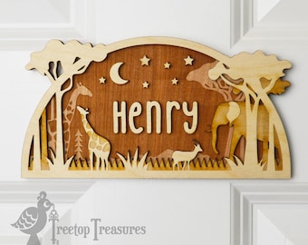 Personalised Safari Animals Wooden Name Door Plaque, Safari Nursery Decor