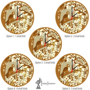 May include: Five variations of a round wooden clock with a beige face and brown branches. Each clock has a different number of brown birds perched on the branches. The clock face has black Roman numerals and black hands. The text "Treetop Treasures" is visible at the bottom of the image.