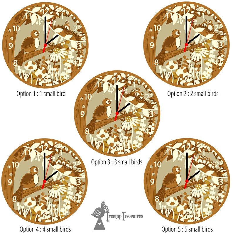 May include: Five variations of a round wooden clock with a beige face and brown branches. Each clock has a different number of brown birds perched on the branches. The clock face has black Roman numerals and black hands. The text "Treetop Treasures" is visible at the bottom of the image.