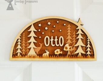 Personalised Wooden Woodland Name Door Plaque, Woodland Theme Childrens Bedroom Door Sign, Kids Nursery Sign, Bunny Name Sign