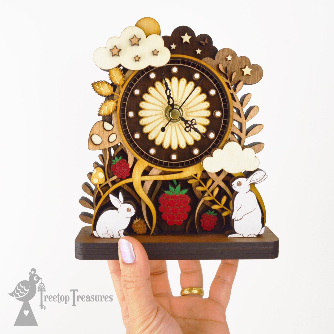 Wood Rabbit Clock Woodland Rabbit Mantel Clock: Engraved Lasercut Wooden Bunny Decor ...