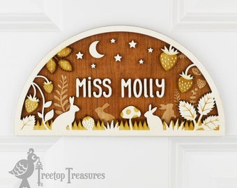 Personalised Strawberry Rabbit Wooden Door Plaque: Woodland Nursery Decor