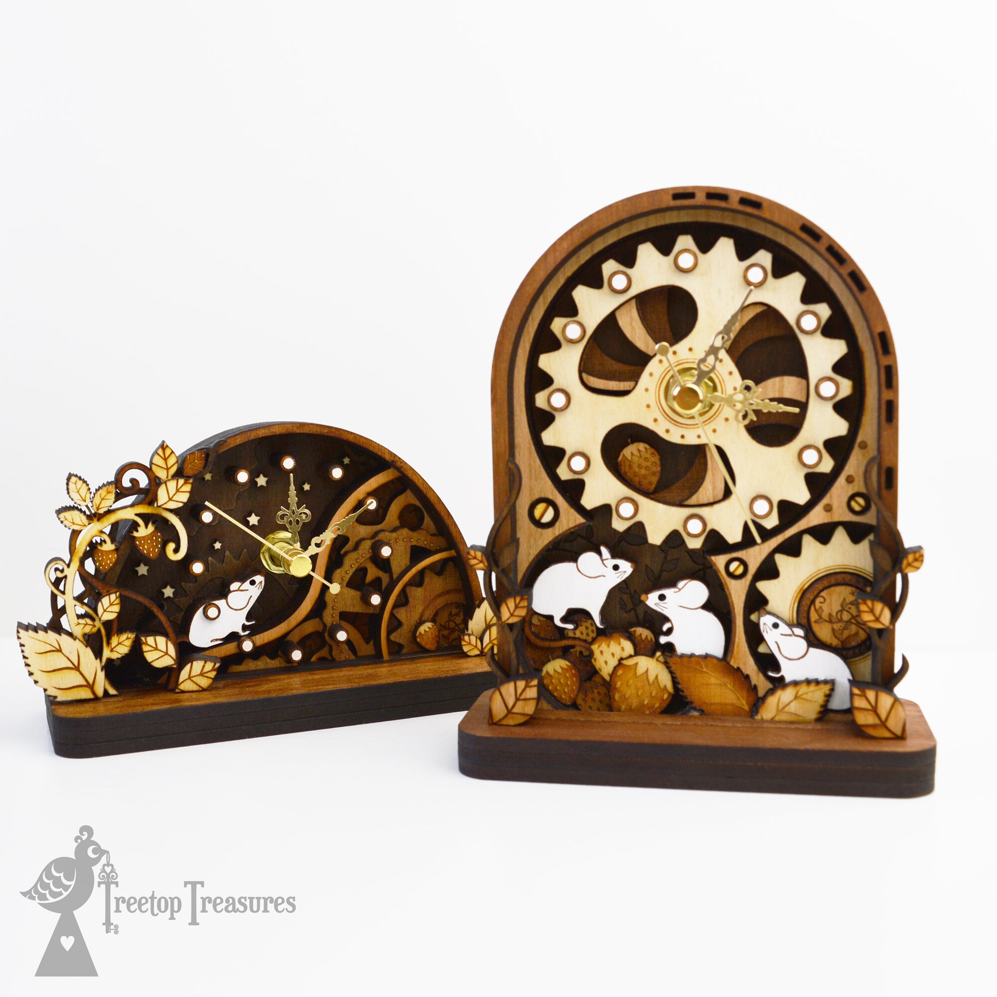 Clockwork Mice Mantel Clock, Personalised Lasercut Engraved Wooden ...