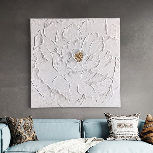 Minimalistische weiße Blumen Malerei - Abstrakte Wandkunst - 3D Textur Malerei - Acrylmalerei auf Leinwand - Original Wohnkultur